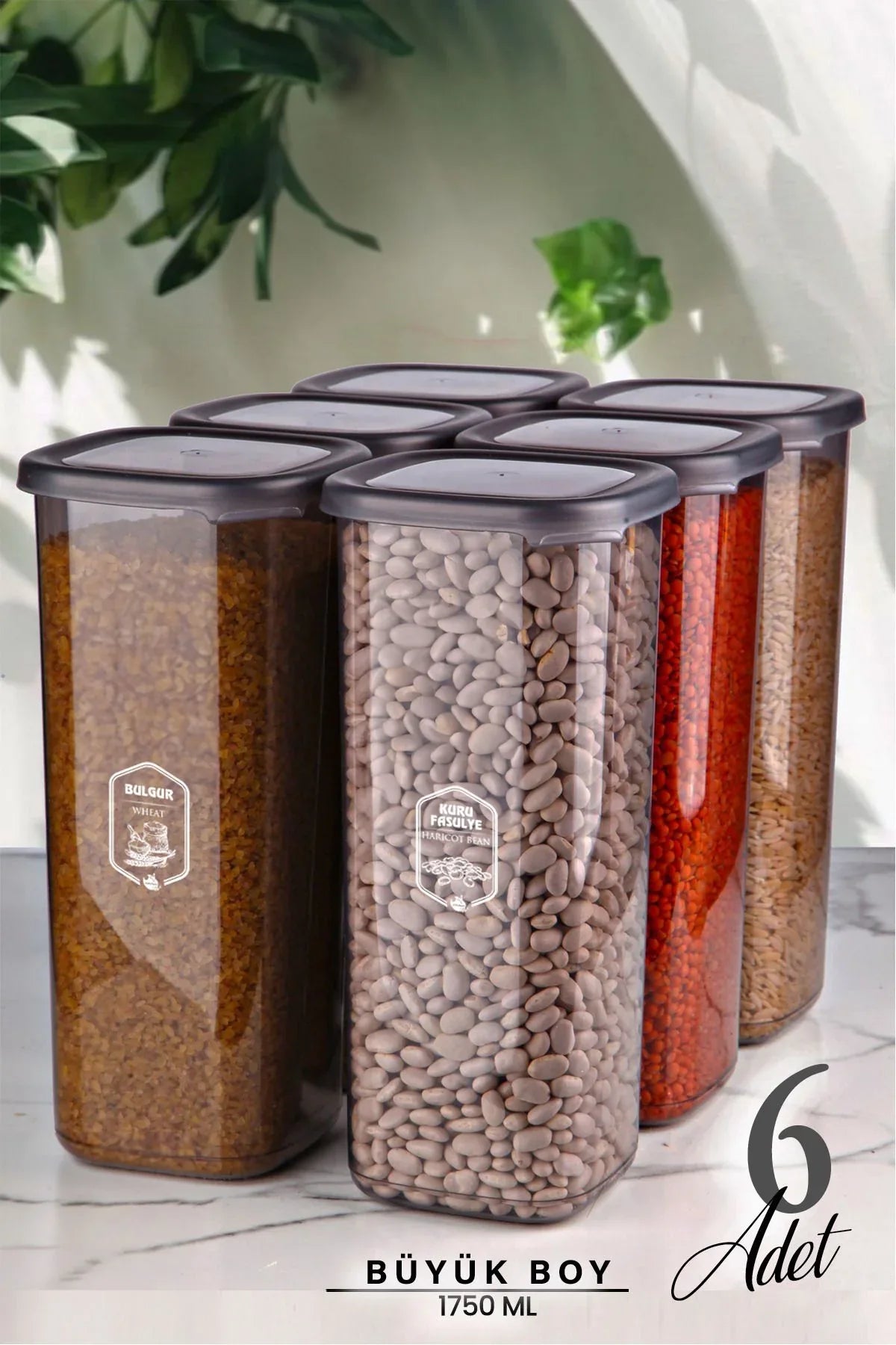 Set de 6 bocaux de rangement alimentaires carrés Jumbo avec étiquettes – 1750 ml – Couvercle rigide organisateur - Justyol