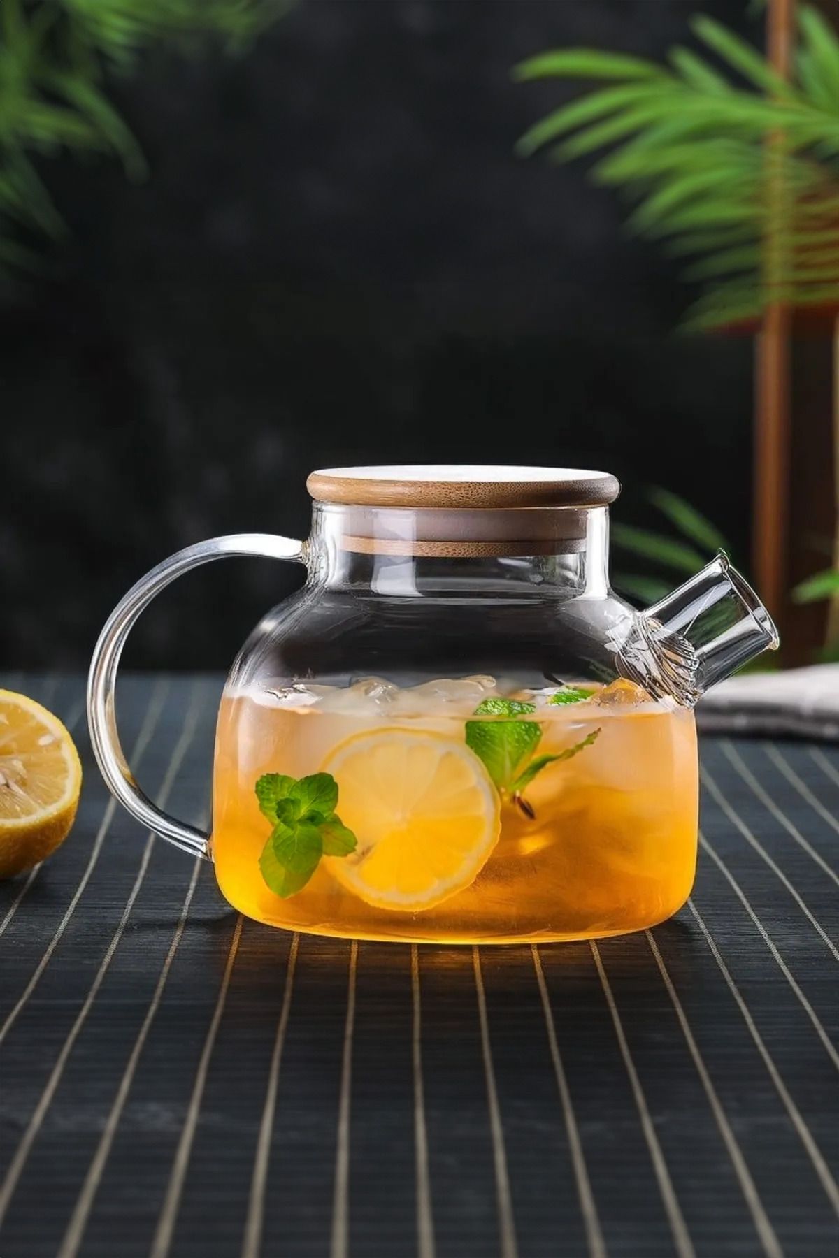 1000 ML Bambu Kapaklı Isıya Dayanıklı Borosilikat Bitki Çayı Demliği 1 LT - Justyol