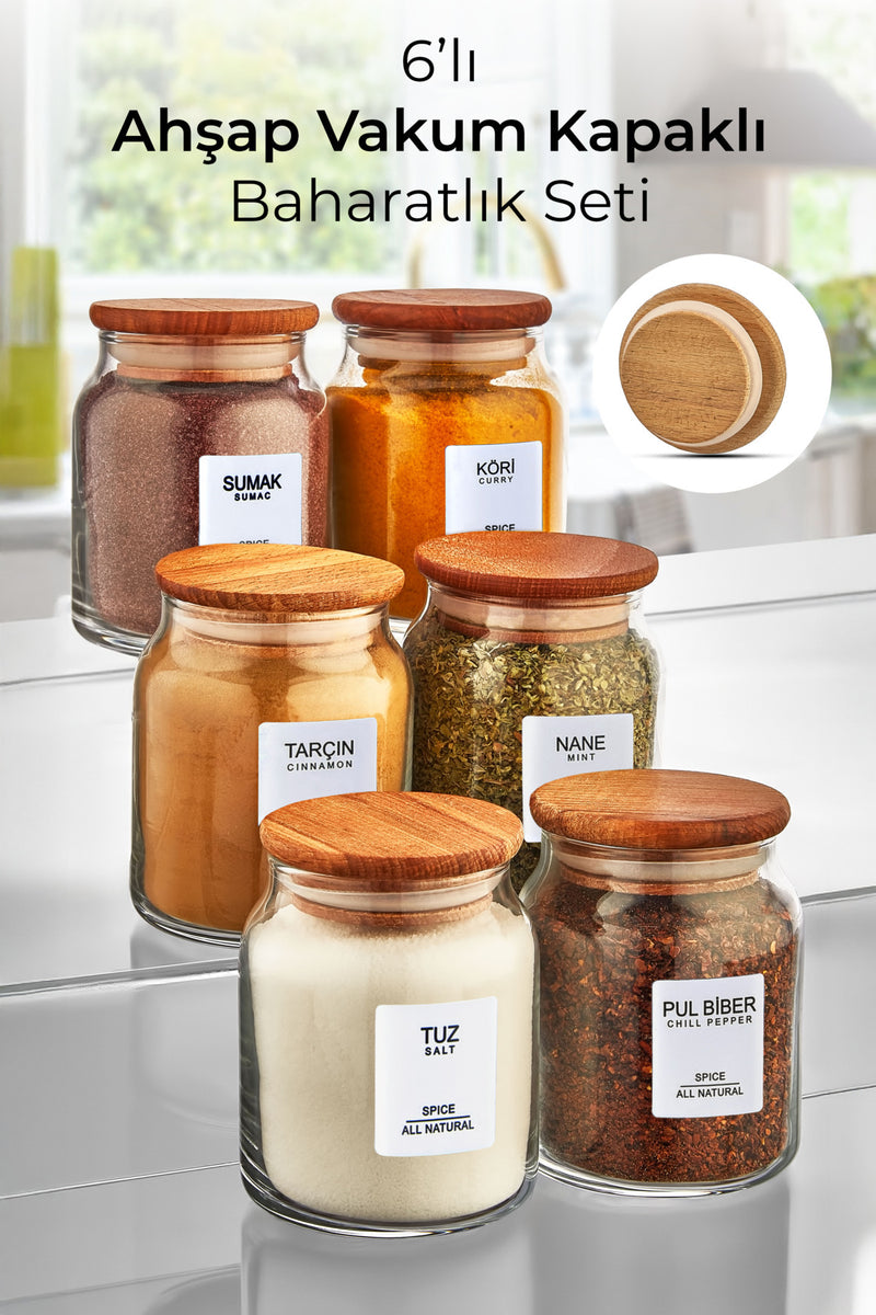 Set de 6 Bocaux à Épices en Verre avec Couvercle Bambou 290 ml
