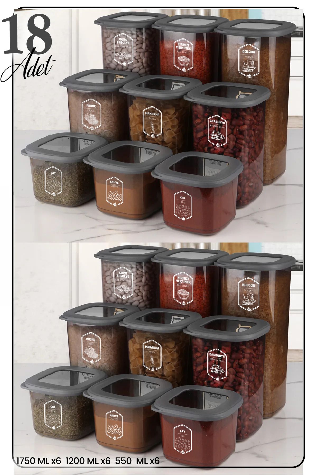 Ensemble de 6 contenants de stockage carrés pour aliments avec couvercles en silicone et étiquettes, 18 pièces (550ML-1200ML-1750 ML) Hermétique