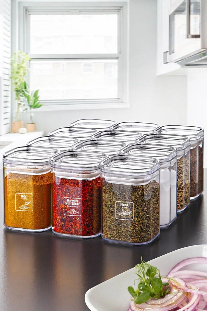 Set de 12 Pots à Épices Hermétiques en Acrylique avec Étiquettes 200 ml