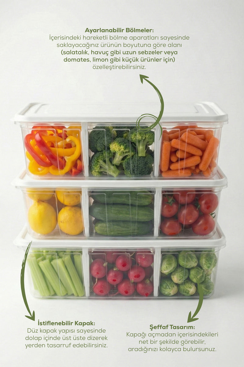 Lot de 3 Boîtes de Rangement 6 L avec Compartiments Ajustables – Organisateur de Réfrigérateur