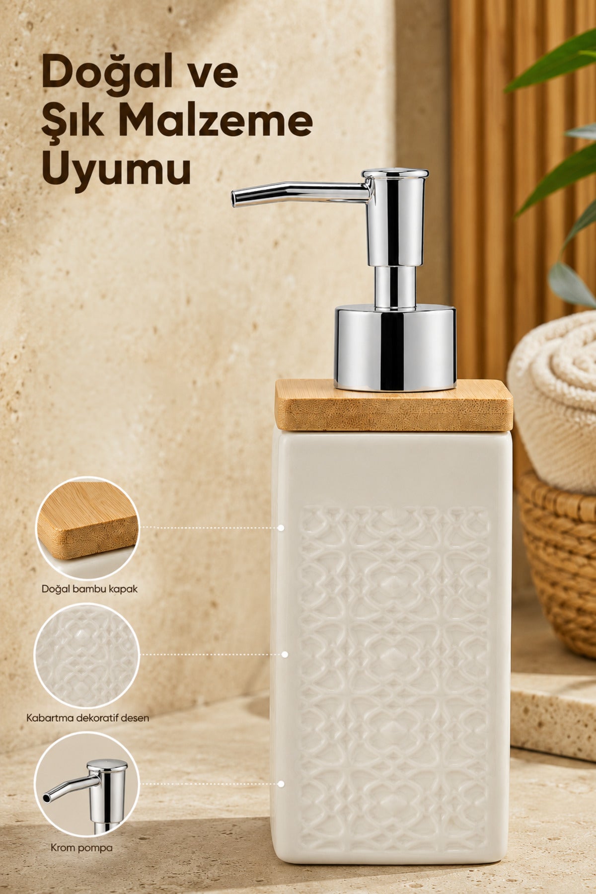 Distributeur de Savon Liquide en Porcelaine 400 ml avec Couvercle en Bambou