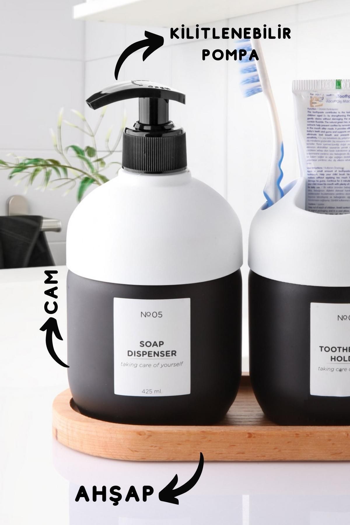 Lüks Ahşap Altlıklı Cam 2'Li Set Cool Sabun ve Diş Fırçalık - Banyo Seti BEYAZ JHome