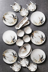 32 Pièces Service de Petit Déjeuner en Porcelaine New Bone pour 6 Personnes Motif Fleurs des Champs