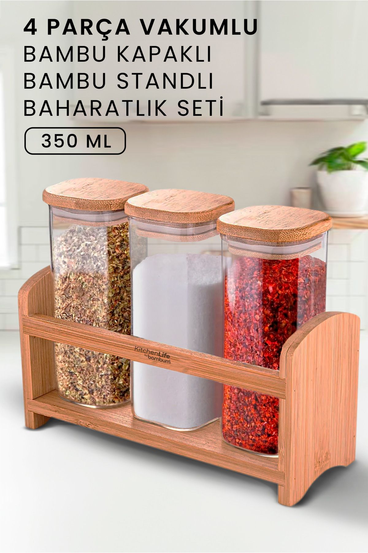 4 Pièces Ensemble de Condiments pour Plan de Travail avec Support et Couvercles en Bambou - Ensemble d'Épices - 350 ml