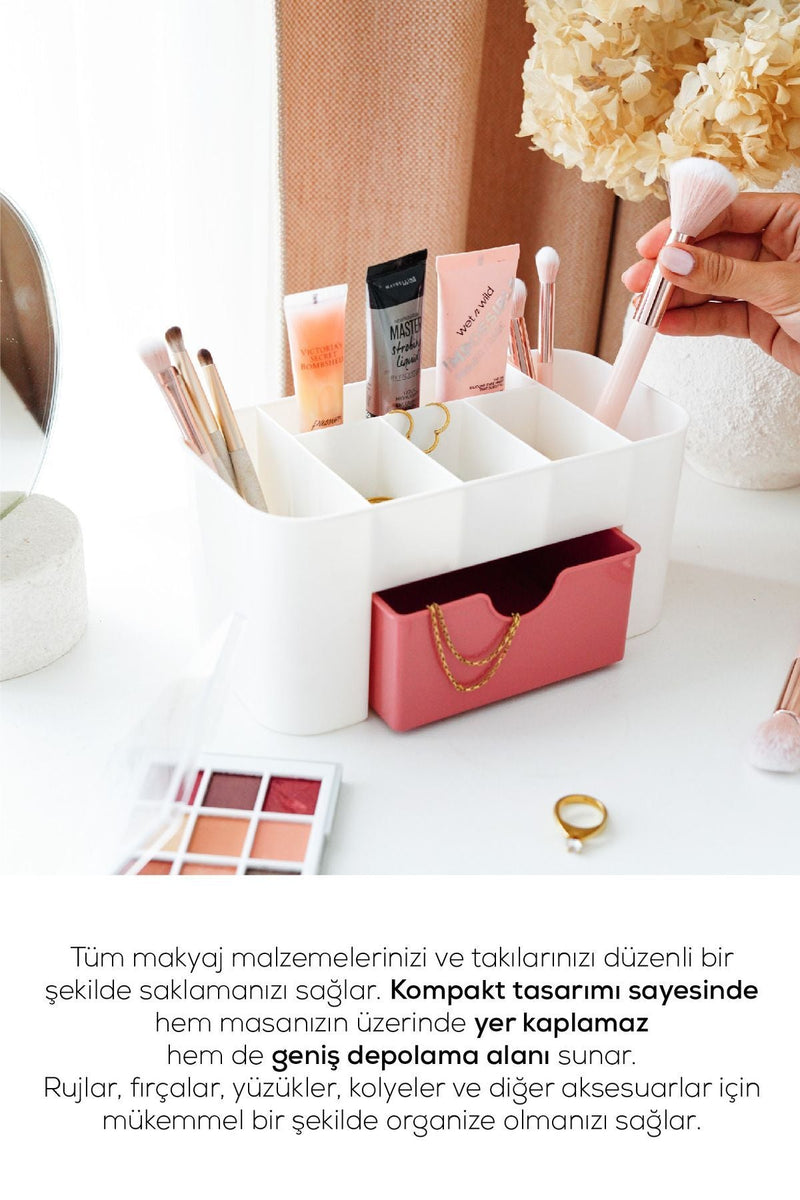 Organisateur maquillage et bijoux 7 compartiments avec tiroir rose