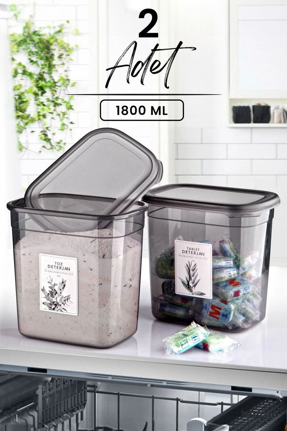 Set de boîtes de rangement pour détergent 2 pièces 1800 ml avec étiquettes – design transparent pratique