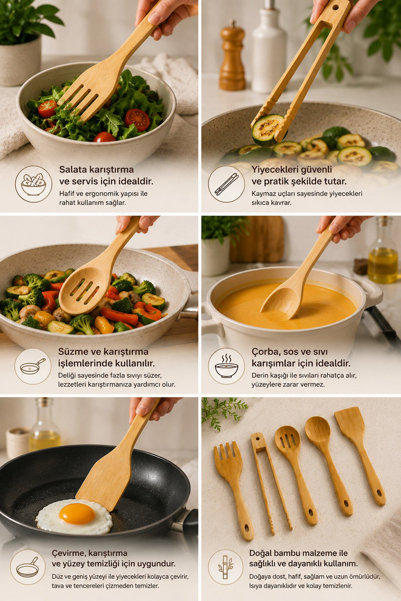 Set de 5 Ustensiles de Cuisine en Bambou Naturel