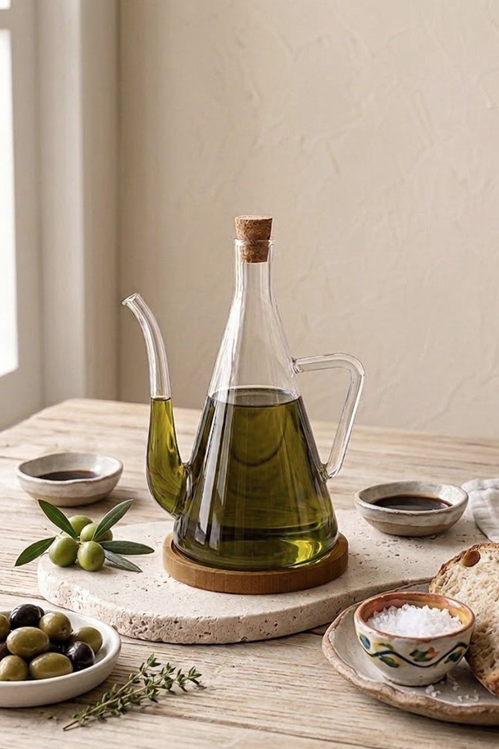 Set Huile & Vinaigre en Verre Borosilicate 500 ml avec Support en Bois