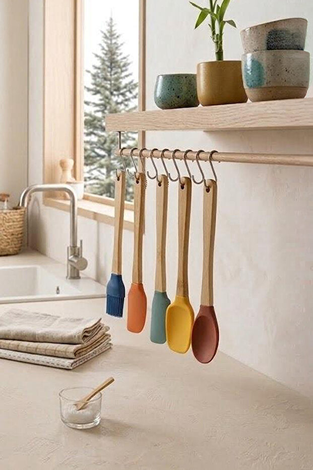 Set de 5 Ustensiles de Cuisine en Silicone avec Manches Bambou