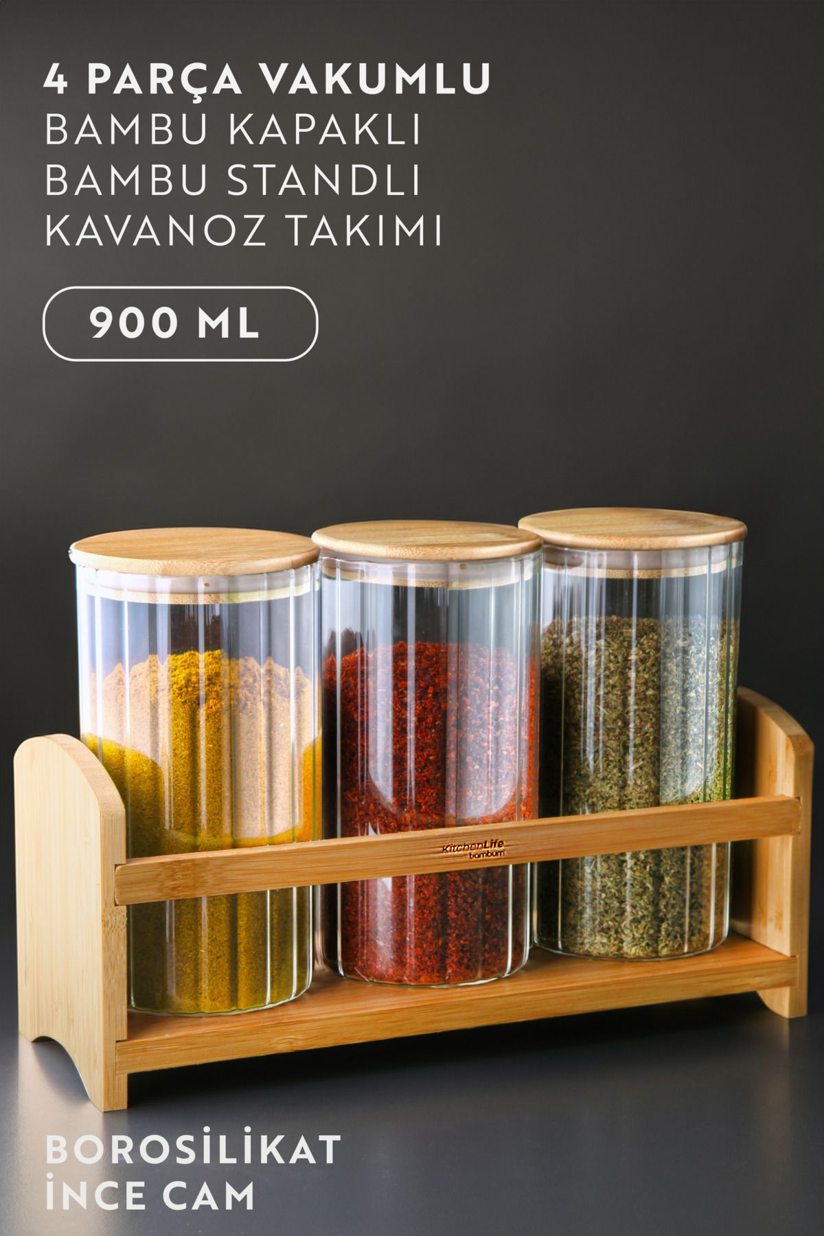 4 Parça Tezgah Üstü Bambu Kapaklı Standlı Çizgili Kavanoz Seti - 900 ML - Çay Şeker Kahve Kavanozu