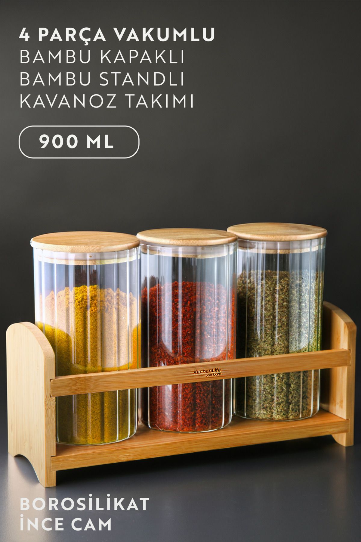 4 Parça Tezgah Üstü Bambu Kapaklı Standlı Çizgili Kavanoz Seti - 900 ML - Çay Şeker Kahve Kavanozu - Justyol