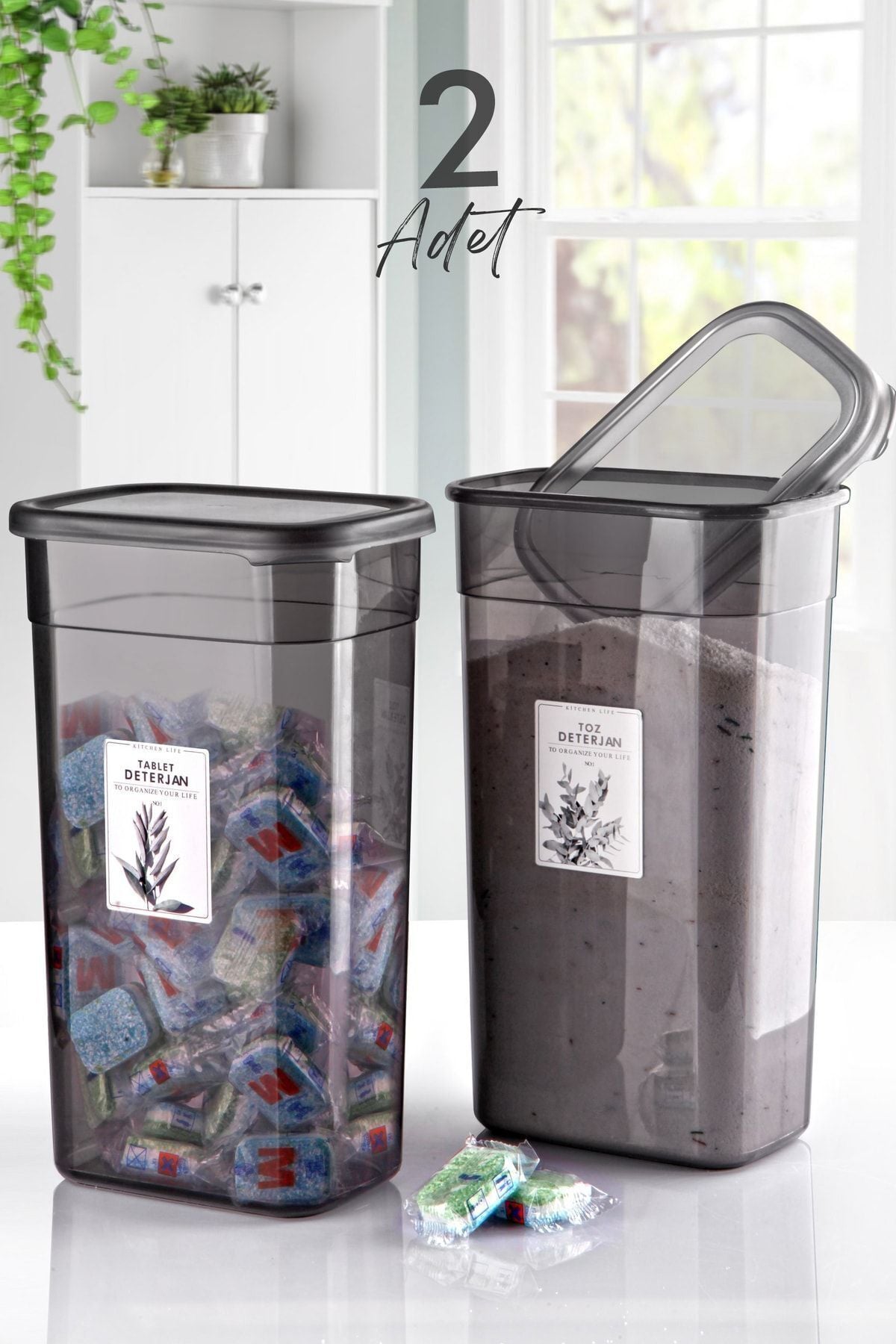 Boîtes de rangement lessive 2 pièces 3,2 L avec étiquettes – Organisateur pratique salle de bain