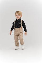 Terry Boy's Oxford Black Shirt With Bow Tie Beige Trousers Suit-31736