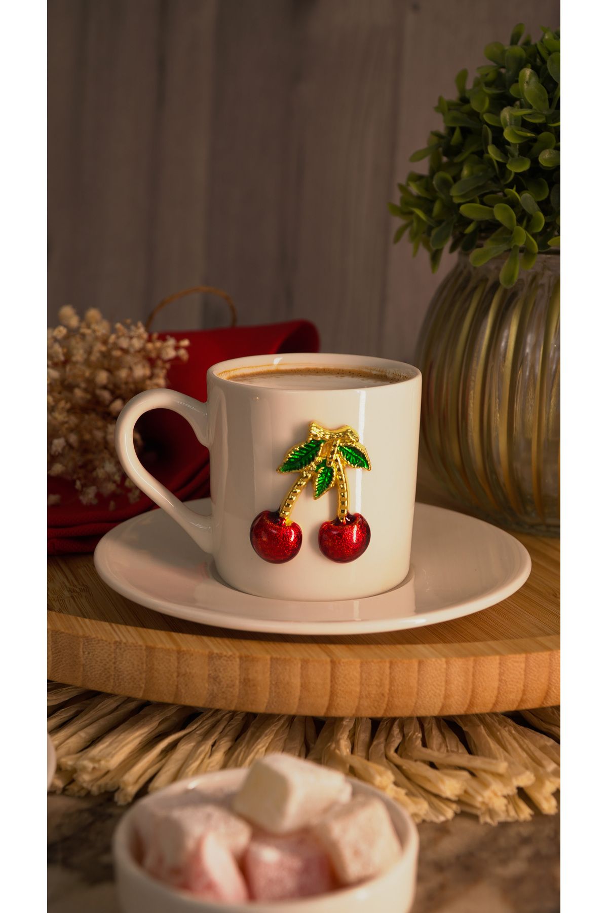 4 Parça 2 Kişilik Porselen Kirazlı Kahve Fincan Takımı 100ml - Kiraz Kahve Fincanı - Justyol