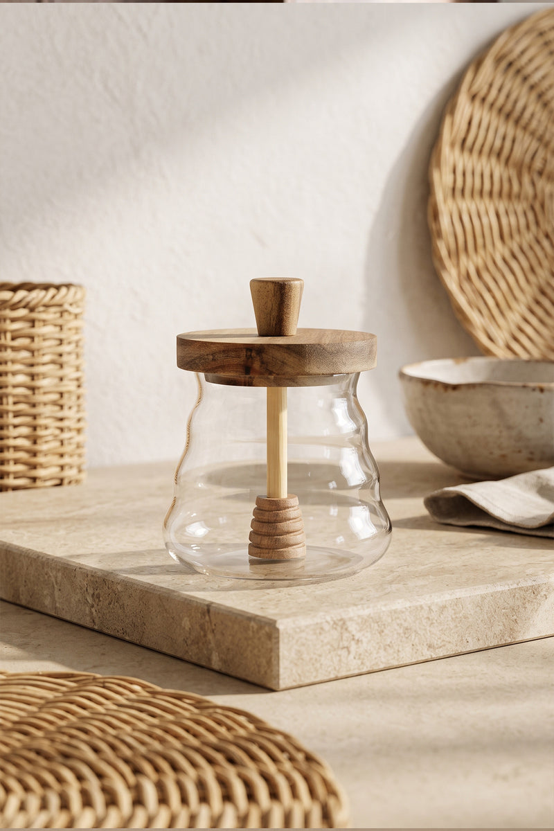 Pot à Miel en Verre 500 ml avec Couvercle en Bois et Cuillère