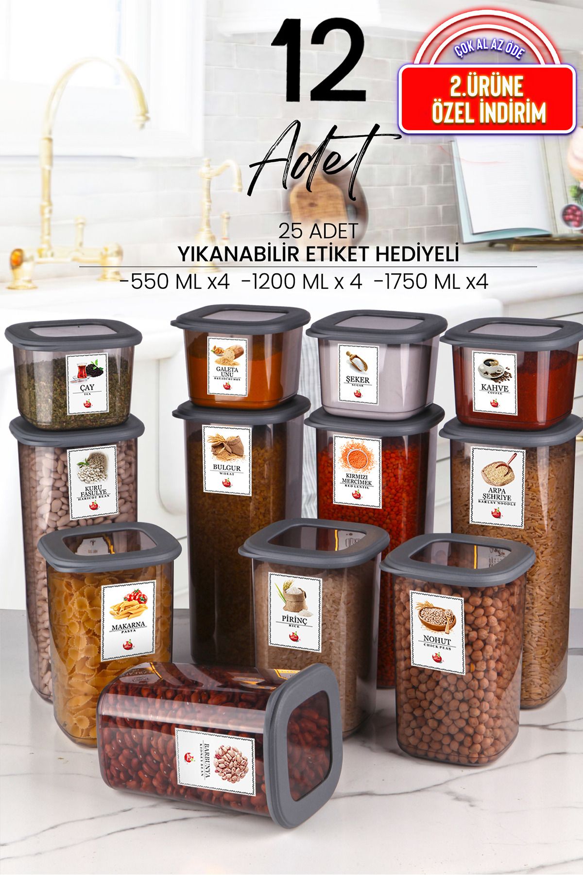 12'li Silikon Kapaklı Etiketli Kare Erzak Saklama Kabı Seti X4(550ML-1200ML-1750 ML) Hava Almaz