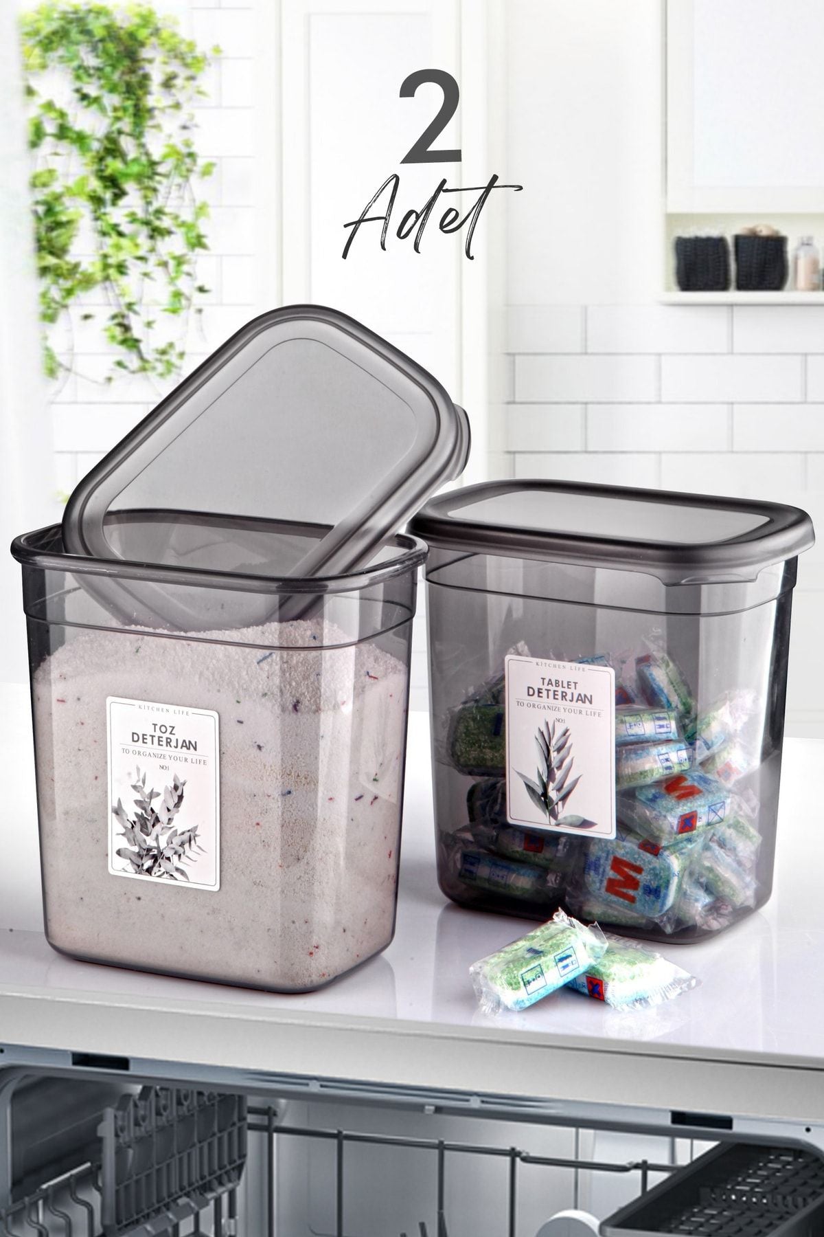 <tc>Set de 2 Boîtes de Rangement pour Détergent en Poudre et en Tablettes avec Étiquettes - Capacité de 2 Litres</tc>