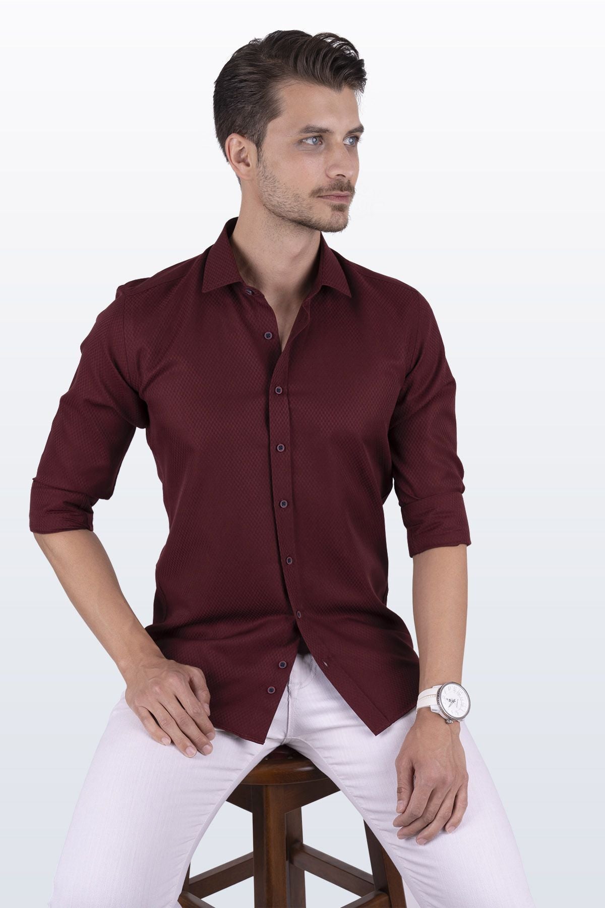 Koyu Bordo Baklava Desenli Slimfit Kutulu Gömlek-6480