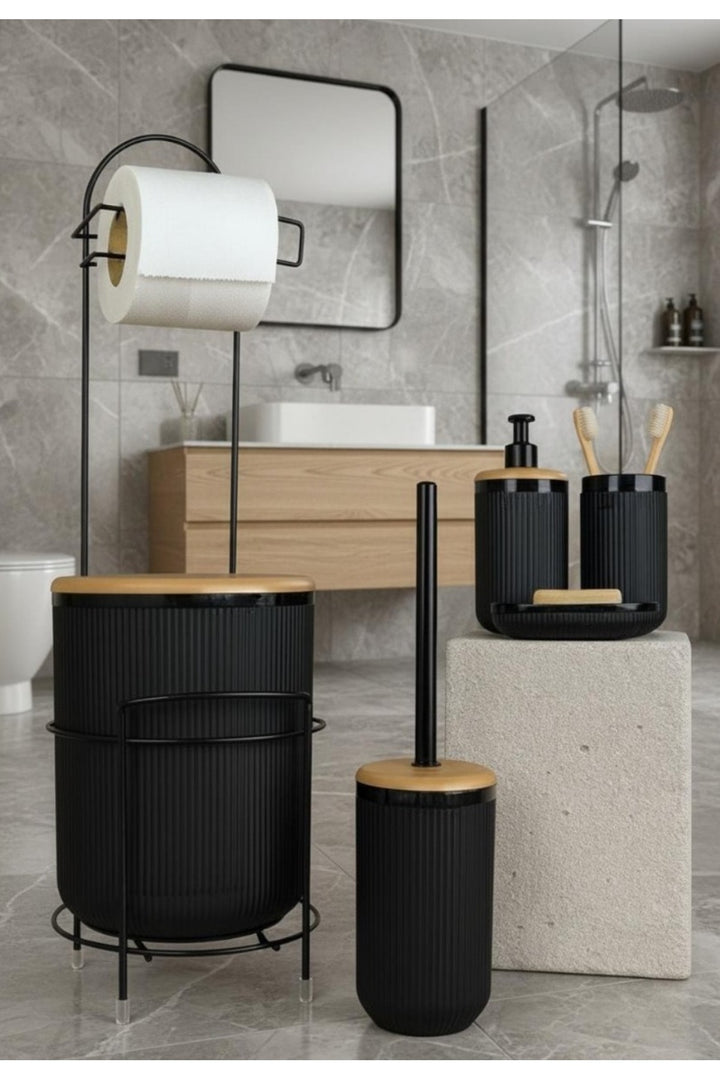 Ensemble de 6 Accessoires de Salle de Bain Noir avec Porte-Papier WC sur Pied