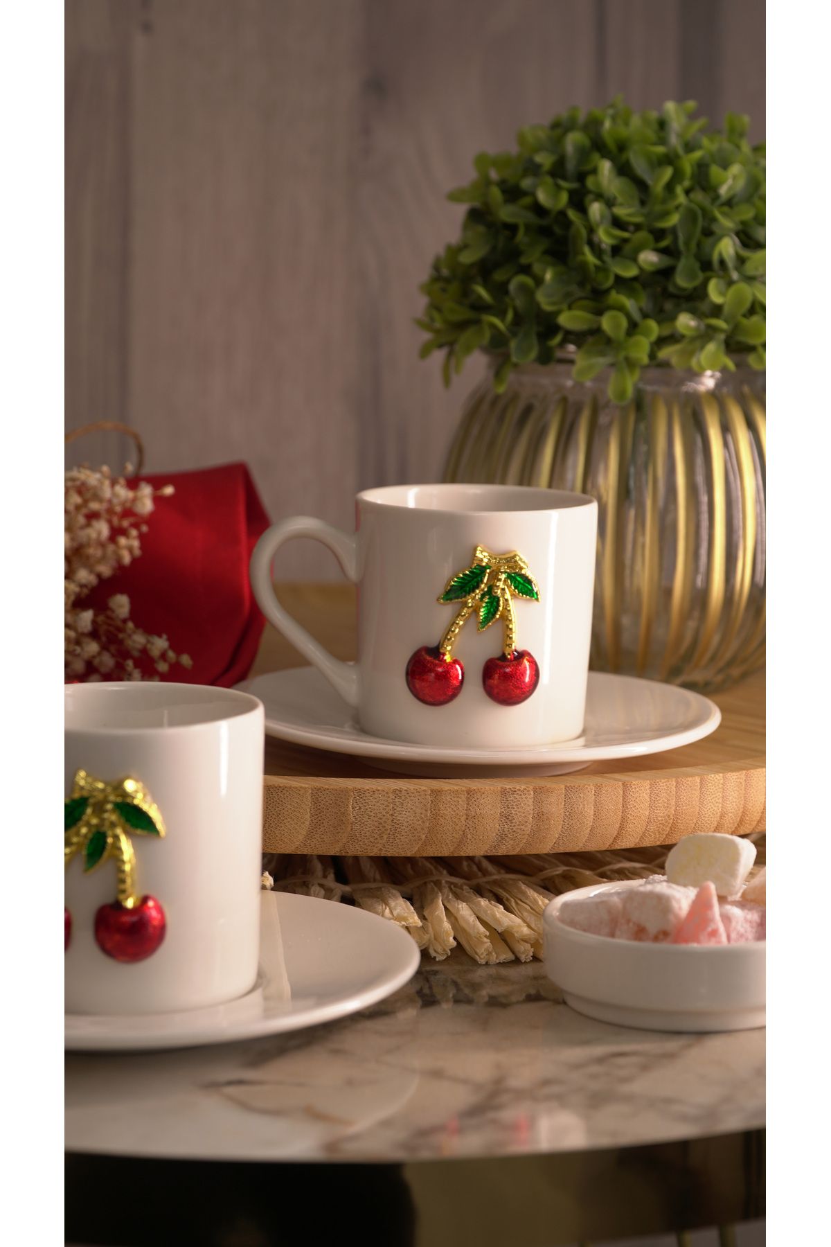 Ensemble de tasses à café en porcelaine avec motifs de cerises pour 2 personnes, 4 pièces, 100 ml - Tasse à café cerise