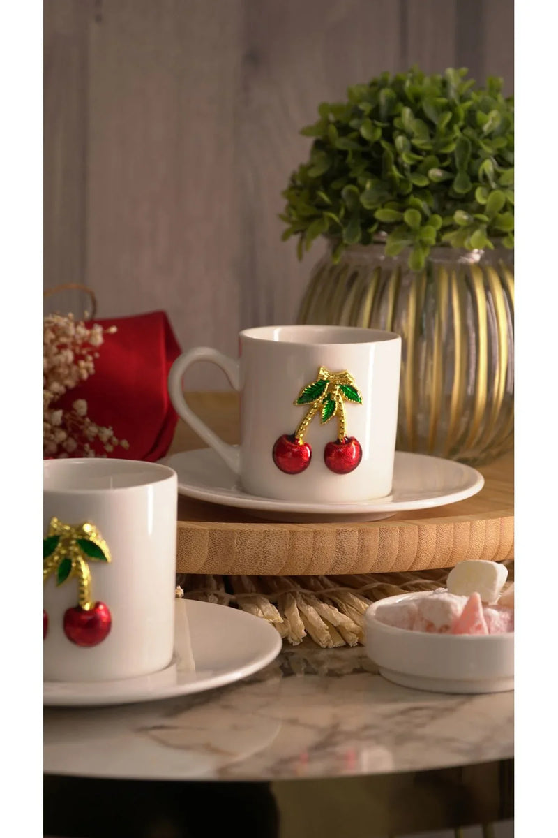 Service à café en porcelaine motif cerise 100 ml – 4 pièces pour 2 personnes
