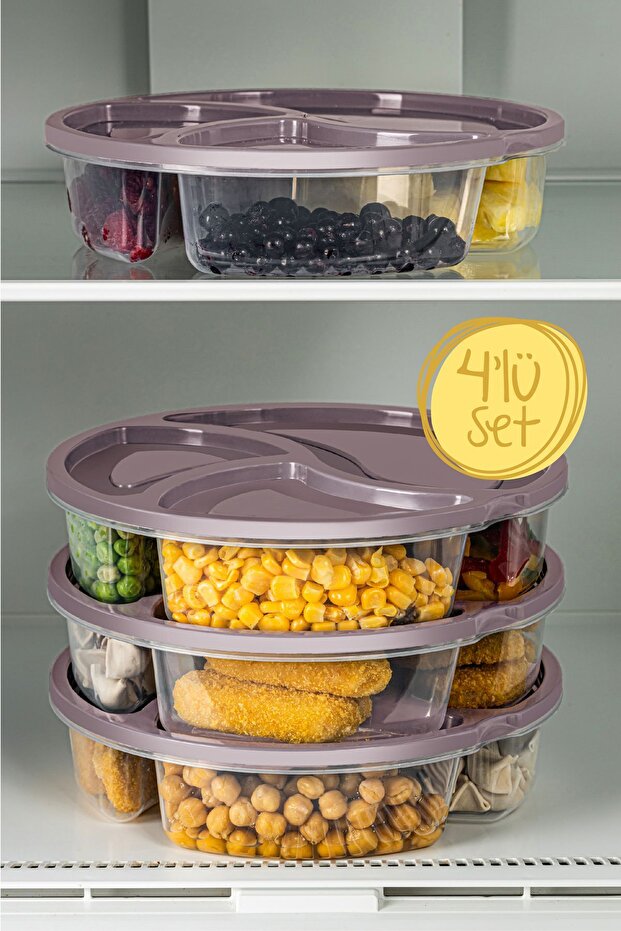 Lot de 4 Boîtes Alimentaires Rondes 3 Compartiments 1,2 L