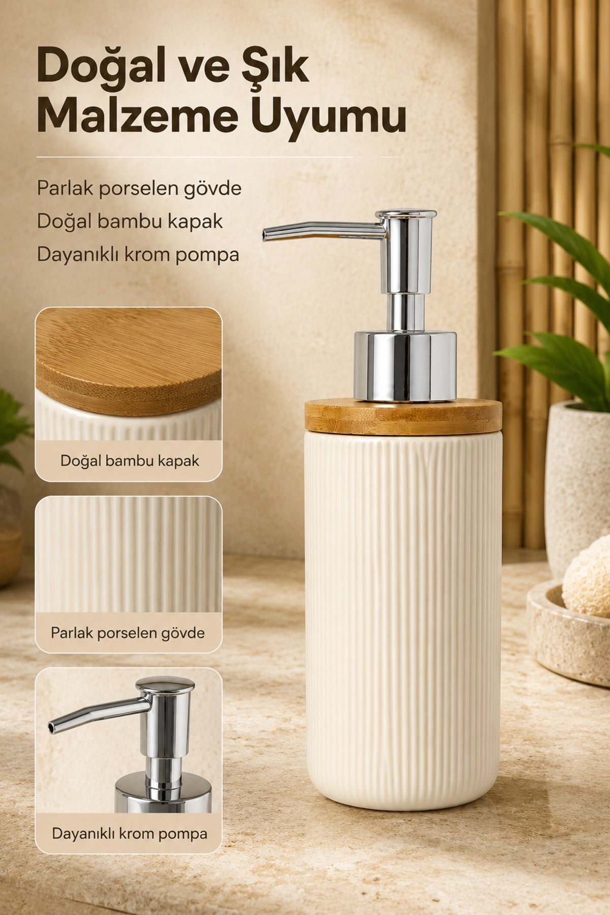 Distributeur de Savon Liquide en Porcelaine 350 ml avec Couvercle en Bambou