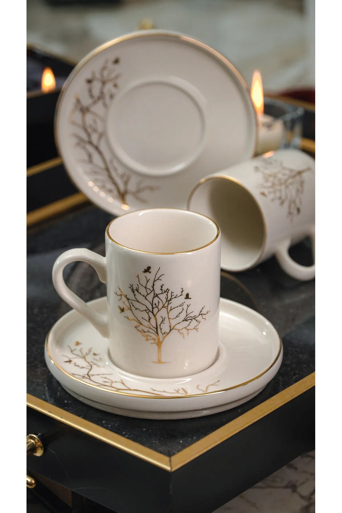 Service de tasses à café en porcelaine 2 personnes motif arbre de vie avec touche dorée 100 ml – 4 pièces