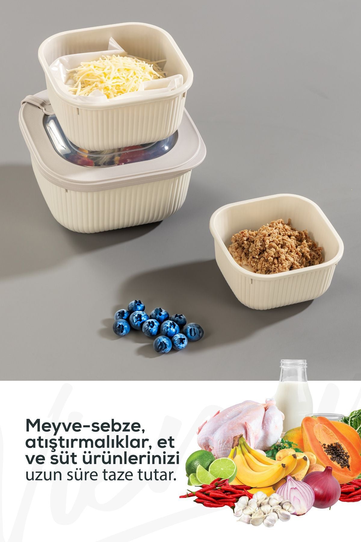 <tc>Set de 3 boîtes de conservation spéciales avec couvercles VIP – adaptées au micro-ondes et au congélateur – beige</tc>