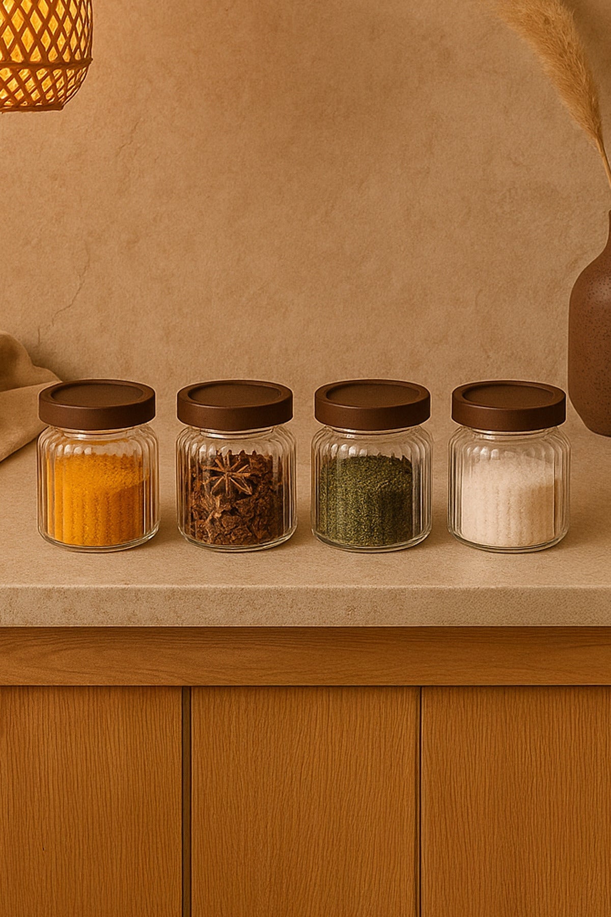 4'Lü Akasya Kapaklı Borasilikat Cam Kavanoz Seti 320 ml JHome