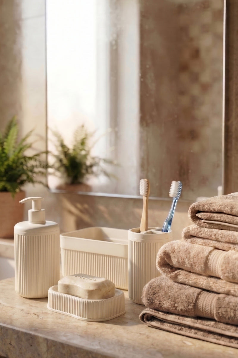 Set de Salle de Bain 4 Pièces avec Distributeur de Savon 550 ml et Organisateur