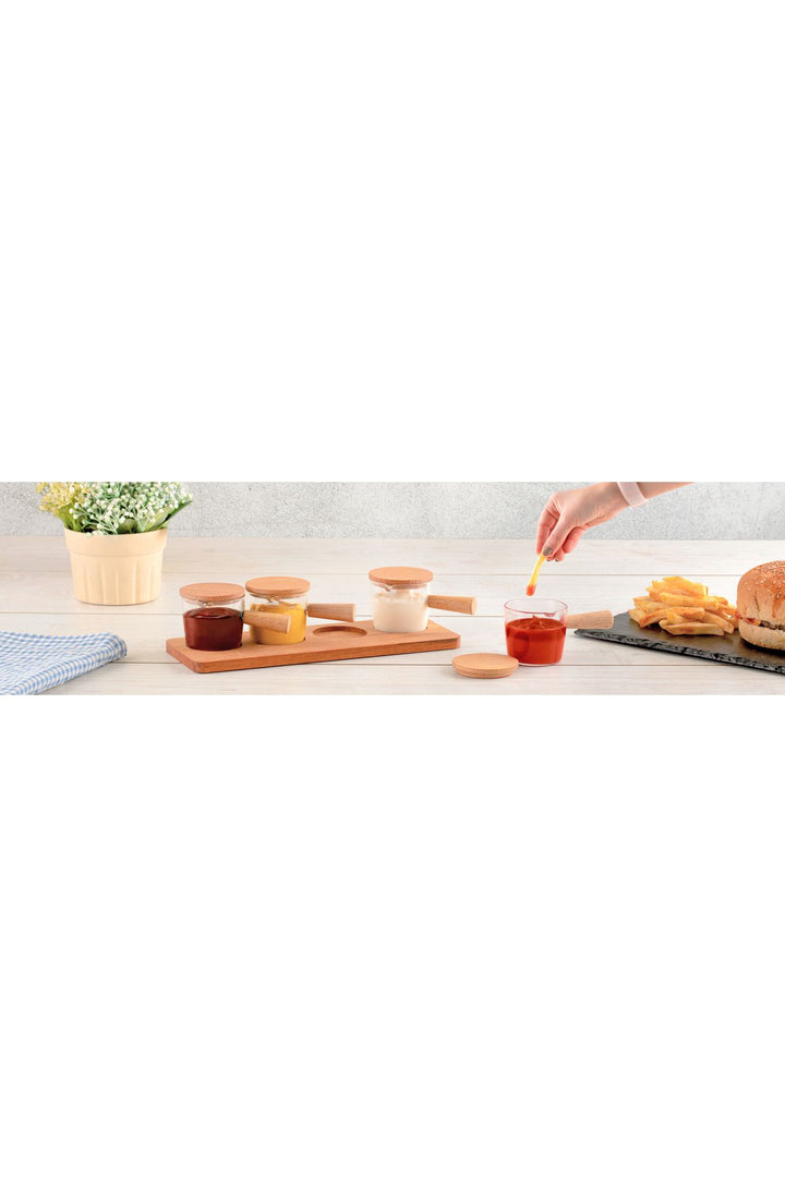 Set de 4 Pots à Condiments avec Couvercles en Bois et Support