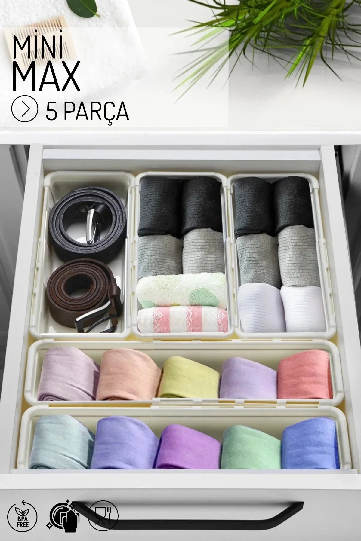 Minimax 5 Parça Ayarlanabilir Kayar Kızaklı Çekmece İçi Düzenleyici, Çamaşır Çorap Düzenleyici JHome