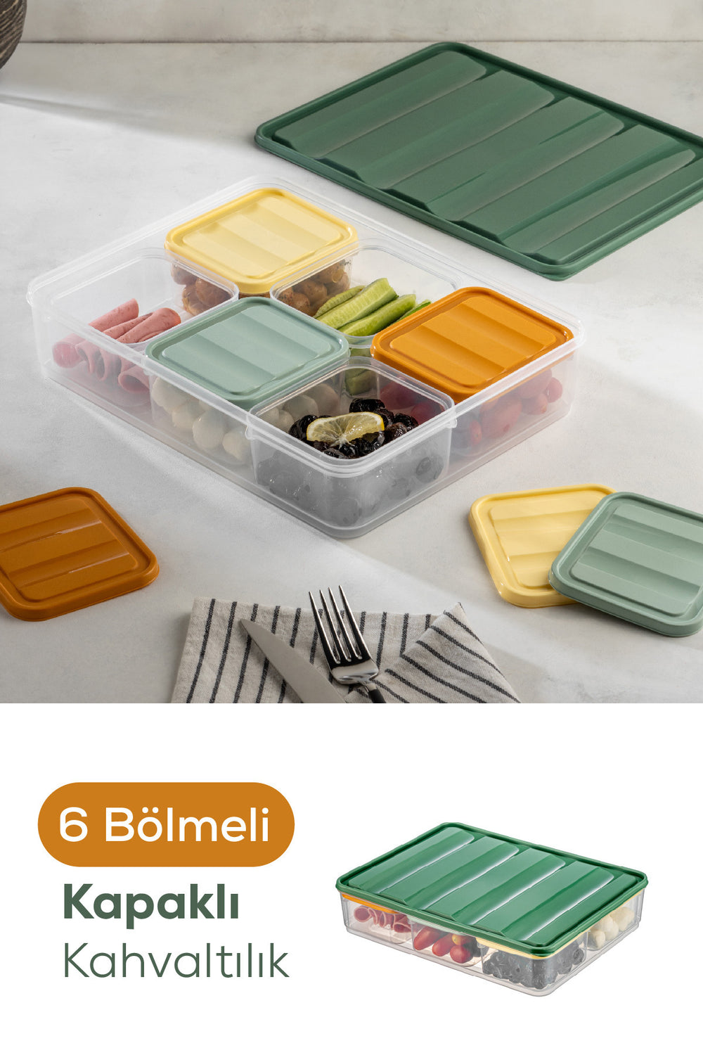 Boîte petit-déjeuner compartimentée Bella 6 sections avec couvercles colorés – Hermétique et pratique