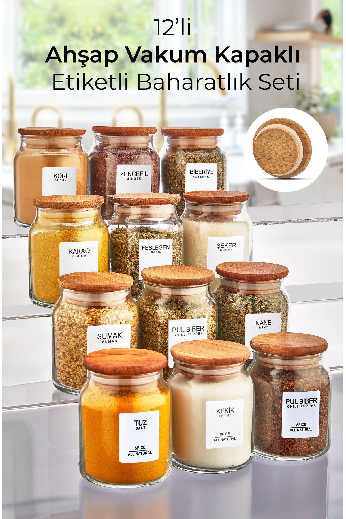 Set de 12 Bocaux à Épices avec Couvercle en Bois Hermétique – 300 ml – Design Moderne