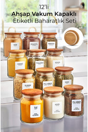 Set de 12 Bocaux à Épices avec Couvercle en Bois Hermétique – 300 ml – Design Moderne