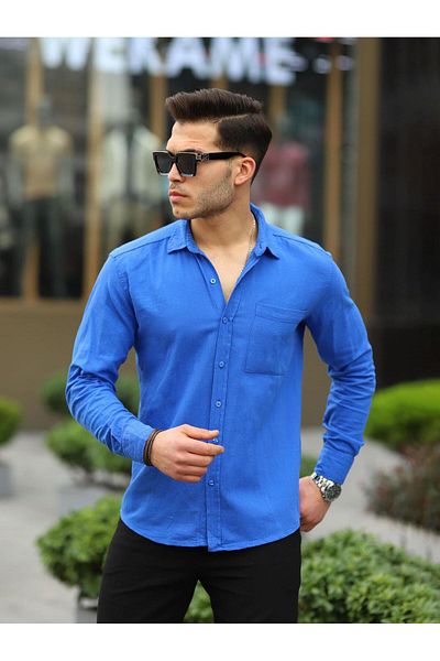 <tc>Chemise en lin de Şile avec une poche unique - Bleu</tc>