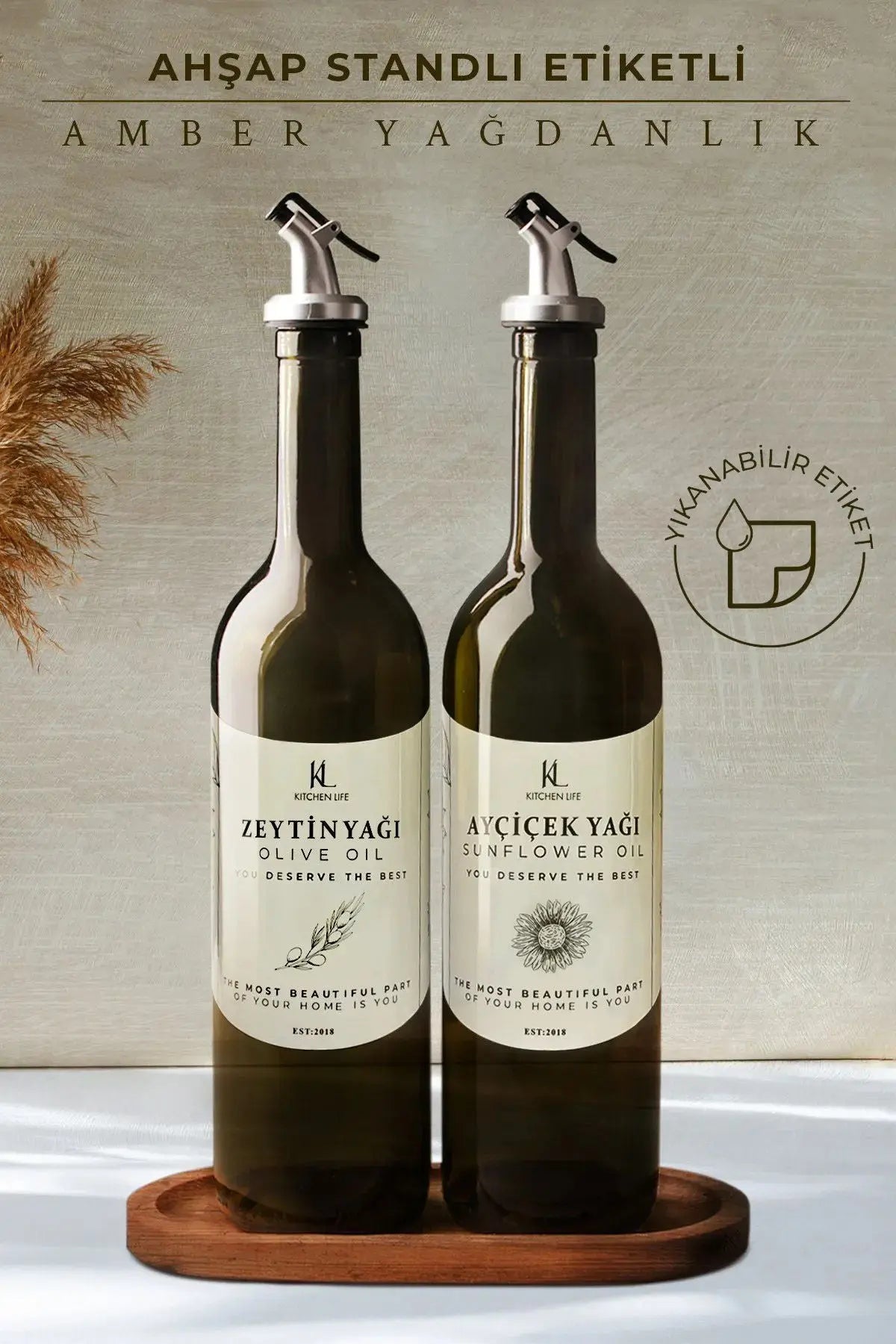 Ahşap Standlı Amber 2'li 750 Ml Zeytinyağı Sıvıyağ Şişesi - Ahşap Altlıklı Etiketli Cam Yağlık Seti - Justyol