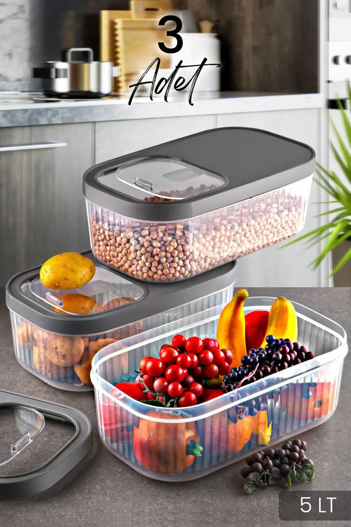 Set de 3 boîtes striées de rangement 5 L avec couvercle coulissant et étiquettes – Contenants pour tablettes de lessive et aliments secs