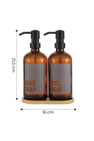 2' li Amber Bambu Altlıklı Cam Sıvı Sabunluk Seti 500 ml - Bambu Standlı Sabunluk Seti JHome