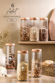 6'lı 1,5 Litre Bambu Kapaklı Çizgili Cam Kavanoz Seti – Erzak Saklama Kabı Kitchen Life