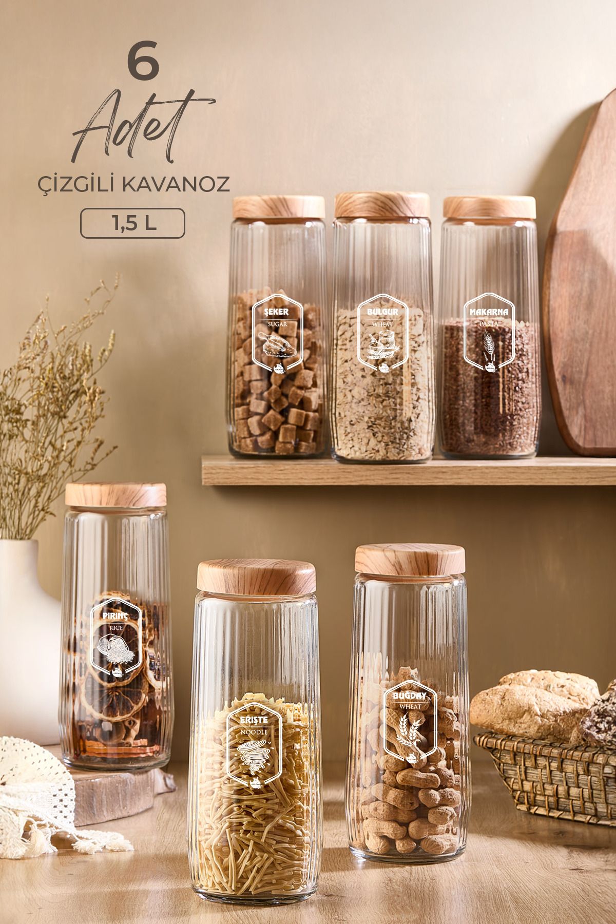 6'lı 1,5 Litre Bambu Kapaklı Çizgili Cam Kavanoz Seti – Erzak Saklama Kabı Kitchen Life