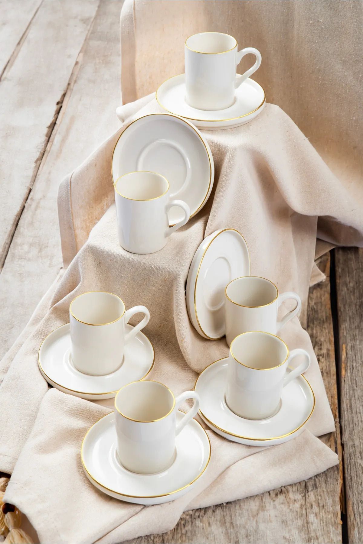 Service tasses à café empilables en porcelaine 6 personnes 12 pièces – Finition dorée élégante