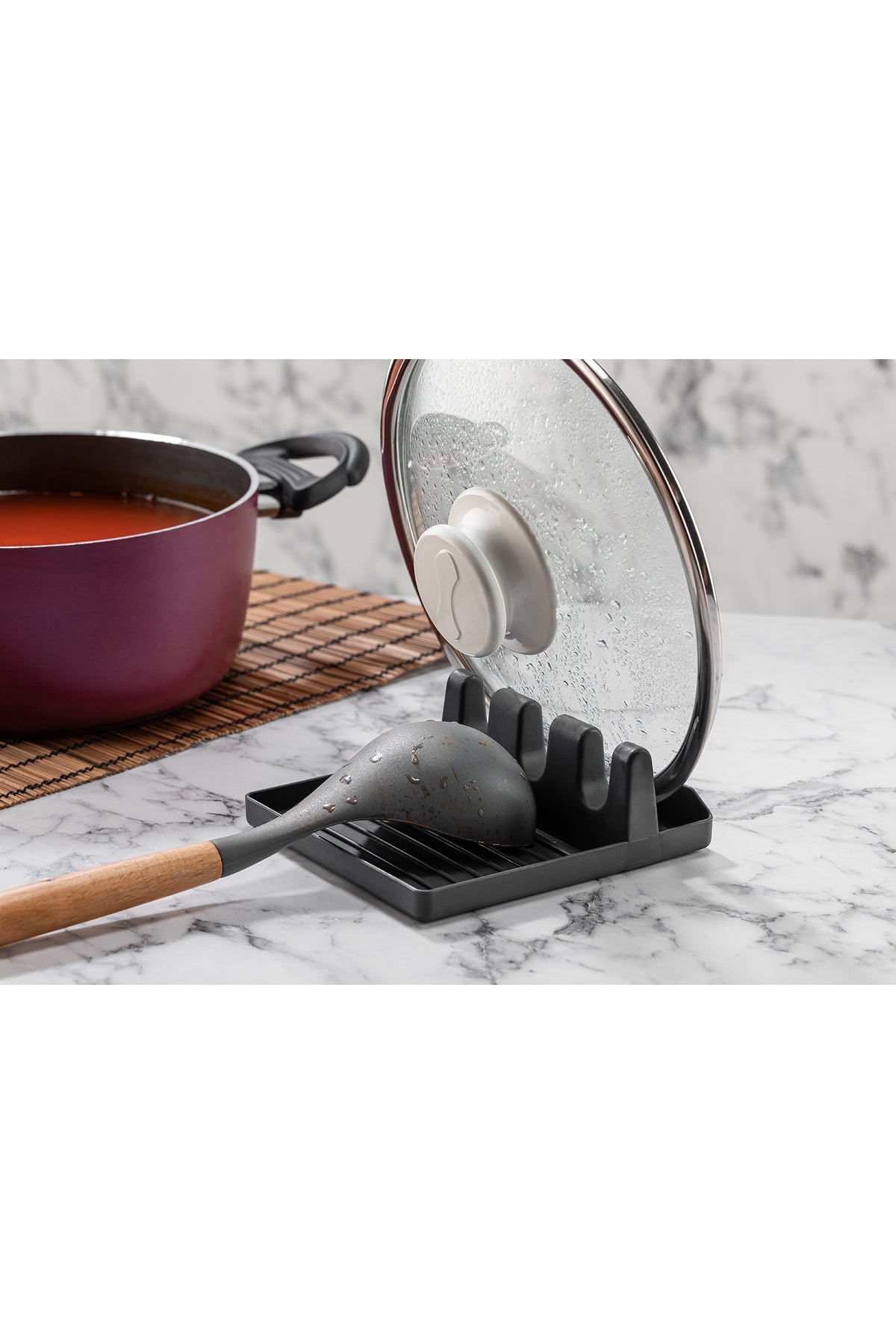 Support multifonction pour couvercle et cuillère – Organisateur de cuisine compact