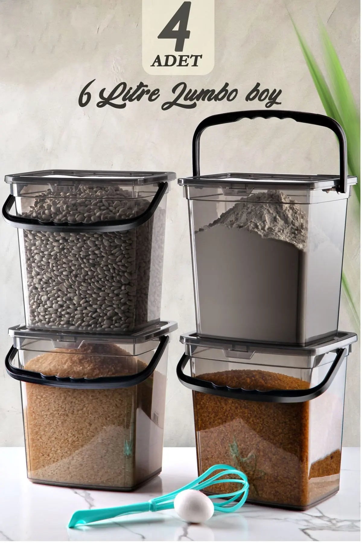 Mega Boy 4'lü Kare Un Bakliyat Kabı 6 Litre - Deterjanlık Saklama Kutusu Kabı 4 Adet Un Saklama Kabı - Justyol
