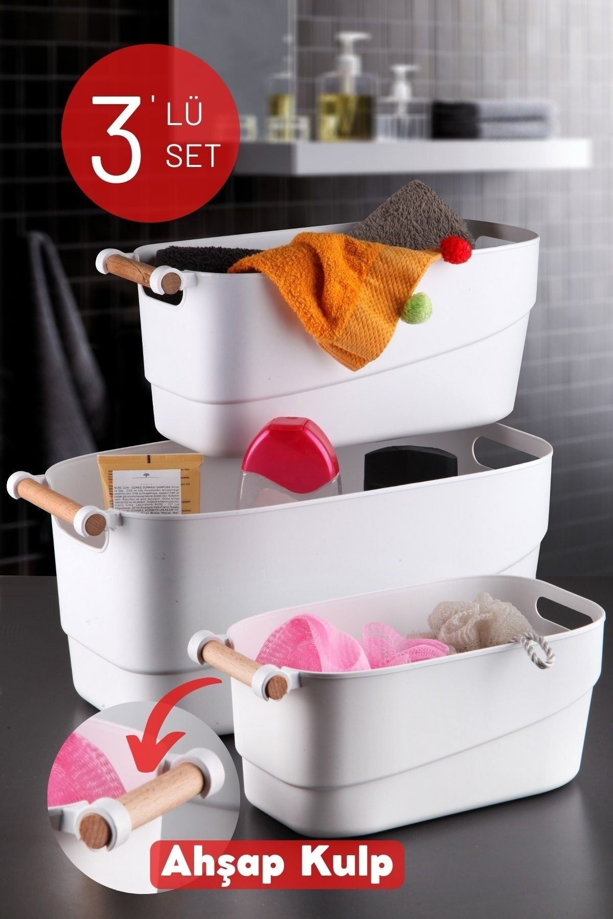 3'lü Set Ahşap Kulplu Çok Amaçlı Banyo,mutfak,çekmece Içi Düzenleyici Retro Sepet Antrast - Justyol