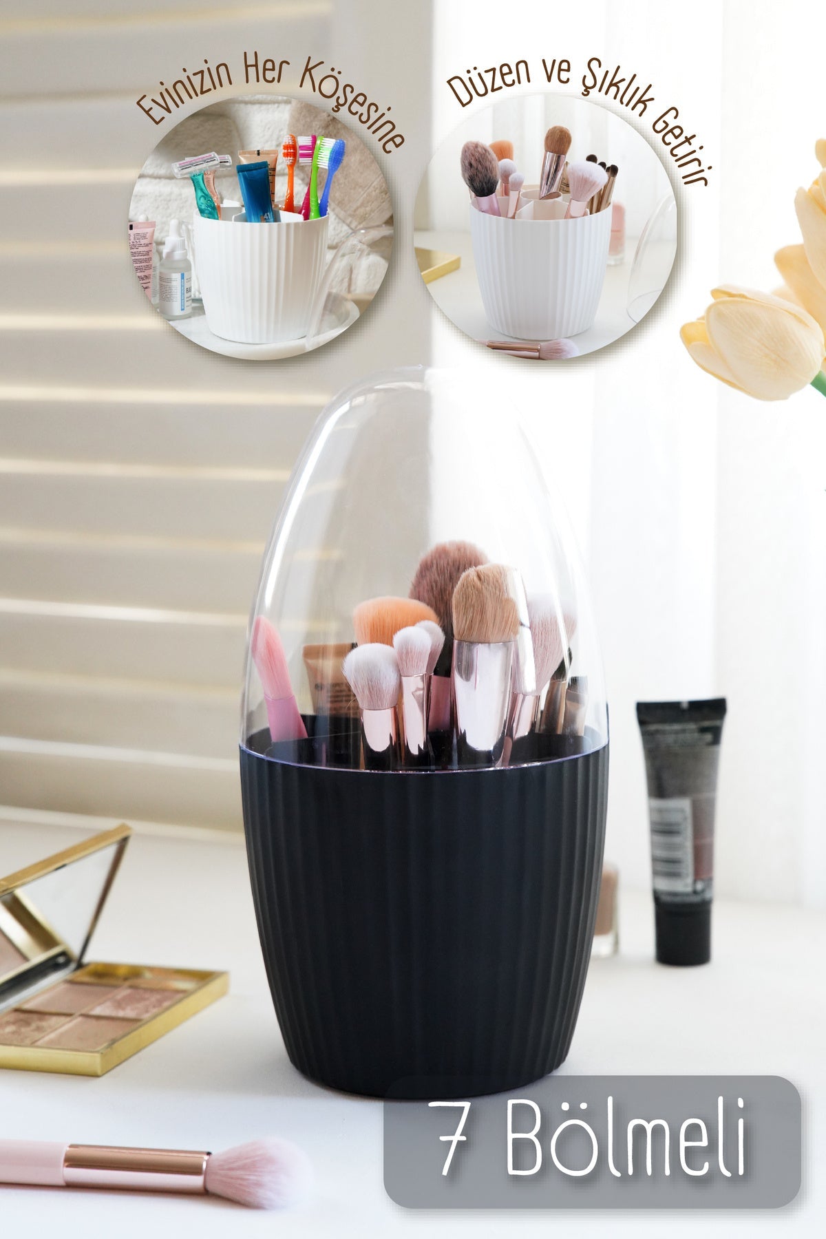 7 Bölmeli Siyah Makyaj Organizeri - Fanus Kapaklı Tasarım JHome