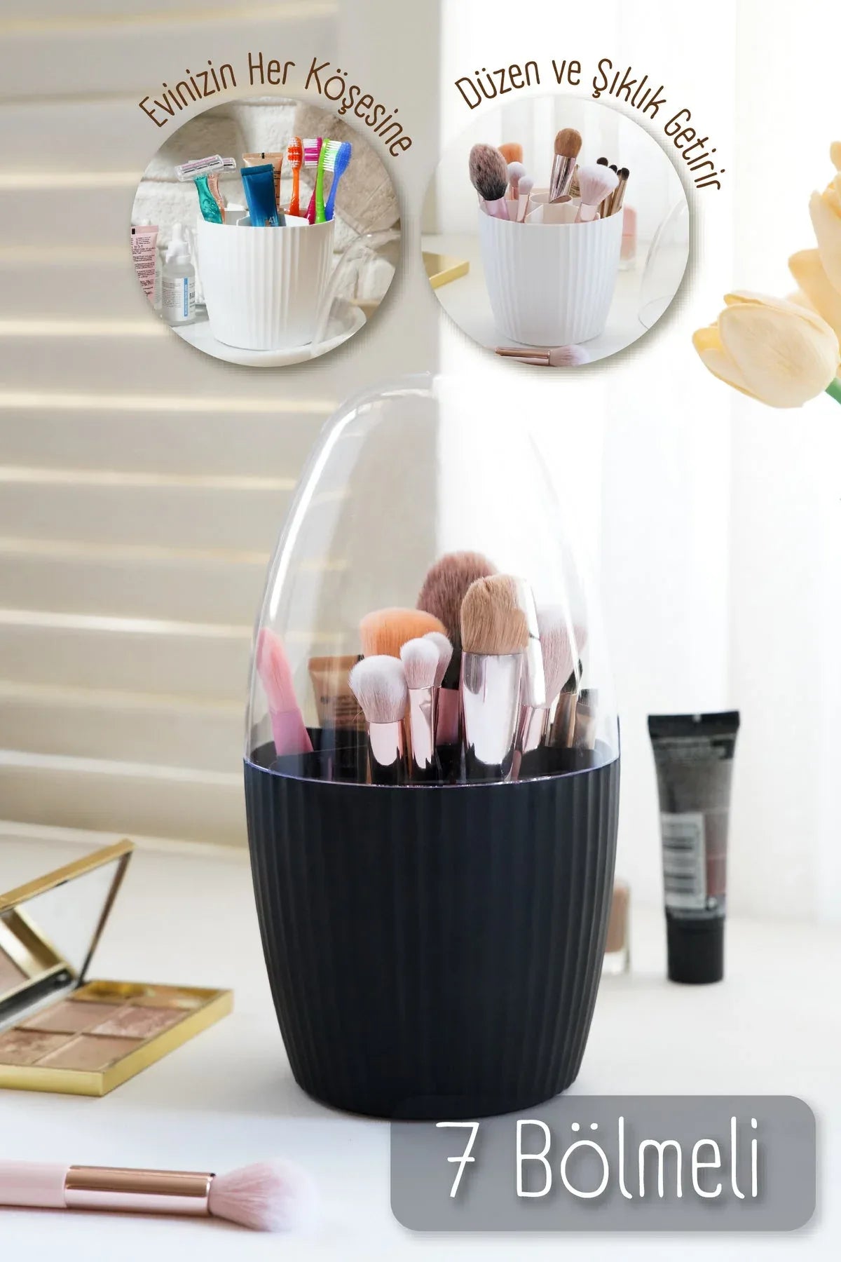 Organisateur de maquillage noir 7 compartiments avec couvercle - Justyol